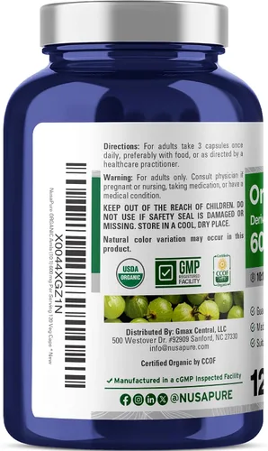 Miniatura 3 de NusaPure Cápsulas orgánicas de Amla 600 mg, 120 cápsulas vegetales (USDA, veganas, sin OMG)