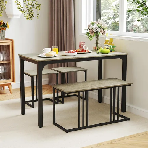 GOFLAME Juego de mesa de comedor de 4 piezas para 4, mesa de comedor rectangular de madera con banco y 2 taburetes, juego de mesa de cocina