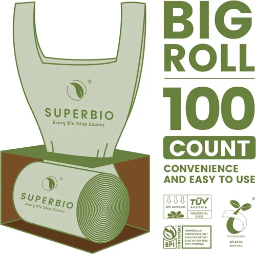 Miniatura 2 de SUPERBIO Bolsas compostables de 2.6 galones con asas, 100 unidades, 1 paquete, bolsas de desechos de alimentos certificadas por BPI y OK compost