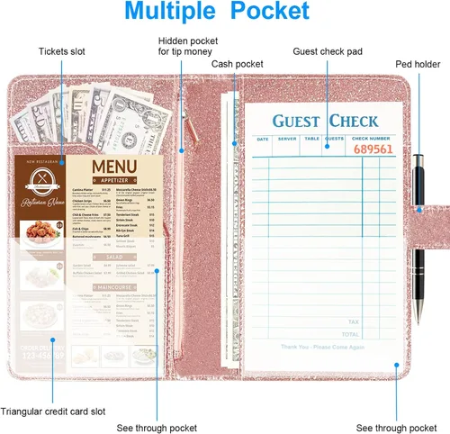 Miniatura 2 de Libreta para camarera, organizador de cuero con bolsillo con cremallera, cartera de dinero para camarera brillante y soporte para bolígrafos, Oro