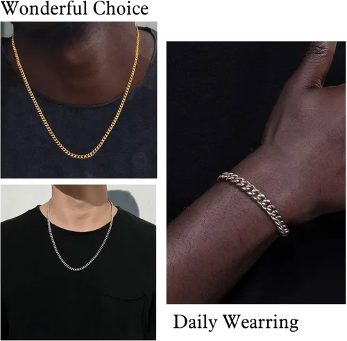 Miniatura 7 de 18K Real Gold Plated Silver Black Chain Necklace and Bracelets for Men Gifts Necklace and Bracelet Set for Men Bracelets for Men Cuban Chain for Men