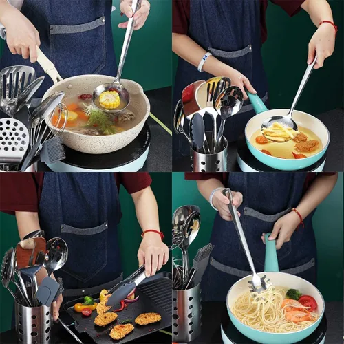 Miniatura 6 de Berglander - Juego de utensilios de cocina de acero inoxidable, set de 13 piezas, con soporte para utensilios, antiadherentes y resistentes al