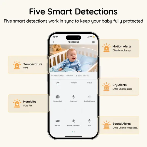 Miniatura 7 de BOIFUN Monitor Wi-Fi para bebés con cámara y audio, APP compatible con smartphones, visión nocturna HD 2K con pantalla de 5", seguimiento automático
