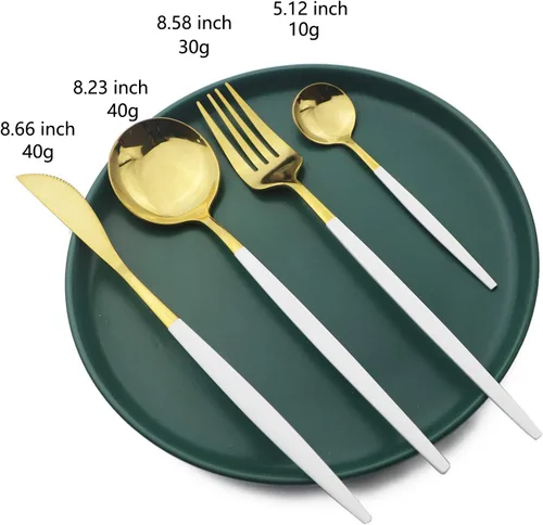 Miniatura 3 de Juego de cubiertos dorados con mango blanco, 24 piezas de acero inoxidable brillante, cubiertos para 6, aptos para lavavajillas Mango blanco dorado