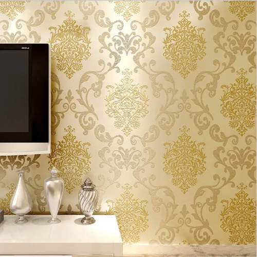 Miniatura 3 de QIHANG Color beige no tejido 1.7 ft*32.8 ft=5.3㎡ del rollo del papel pintado del polvo de la perla del damasco del estilo europeo 3D Amarillo claro
