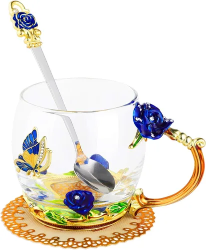 Miniatura 10 de WD&CD Tazas de café y té de vidrio con mariposas y rosas, con cuchara y posavasos, regalos para su novia, esposa, madre, mujeres en el día de San