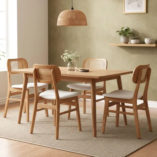 Miniatura 9 de ROCITY Juego de 4 sillas de comedor de ratán, sillas de comedor de lana de cordero blanca, sillas de cocina de madera natural, sillas de granja
