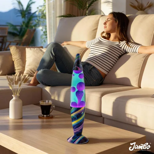 Miniatura 8 de JAMBO Hermosa lámpara de 16 pulgadas, verde azulado con cera morada, crepúsculo neón, luz líquida relajante, luz nocturna, decoración del hogar