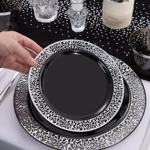 Miniatura 4 de NOCCUR Juego de vajilla de 210 piezas de color negro y plateado para 30 invitados, platos de plástico negro con borde plateado que incluyen 30 Negro