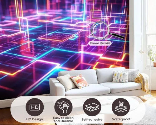 Miniatura 6 de Murales de pared de lienzo geométricos autoadhesivos de los años 80 de neón retro Synthwave 3D, líneas brillantes, papel tapiz de pared