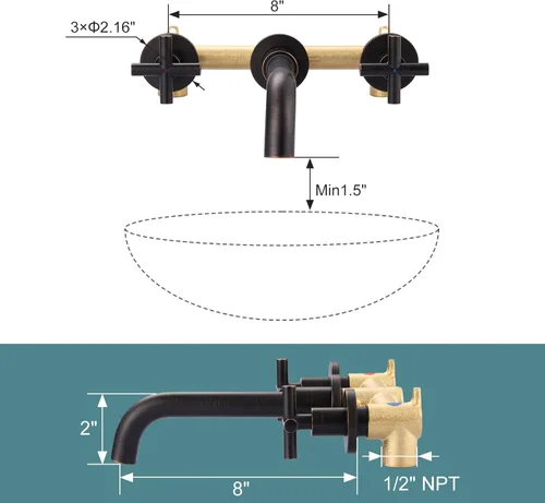 Miniatura 6 de Grifo de baño de bronce aceitado – Grifo de baño ARCORA de montaje en pared, grifo de tocador de 2 manijas en bruto en válvula incluida Bronce