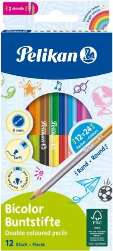 Pelikan 700146 - 12 lápices de colores bicolor, 24 colores, redondos con 2 extremos de colores diferentes, pintados, 6.890 in