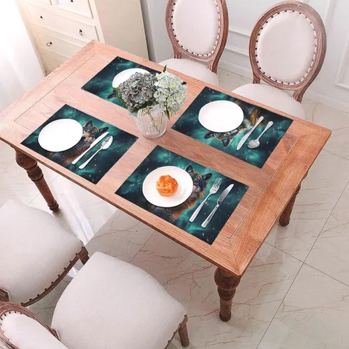 Miniatura 4 de 6 PCS PVC Placemats Set Place Mats A Wolf Stands in Front of The Starry Sky Non-Slip Weave Place Mats 12" x 18" Farmhouse Table Mat Set for Family