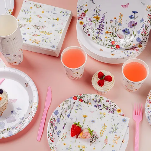 Miniatura 4 de 353 piezas de decoraciones de fiesta de flores silvestres para 50 invitados, juegos de platos y servilletas florales de primavera, suministros que