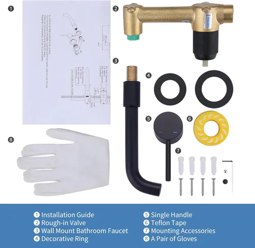 Miniatura 6 de ARCORA Grifo de baño de montaje en pared, negro mate, grifo de lavabo de baño de una sola manija montado en la pared, válvula empotrada incluida