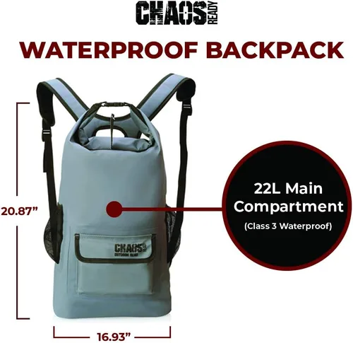 Miniatura 4 de Mochila impermeable Chaos Ready, bolsa seca, resistente, correas acolchadas para el hombro, bolsillos laterales de malla, fácil acceso al bolsillo
