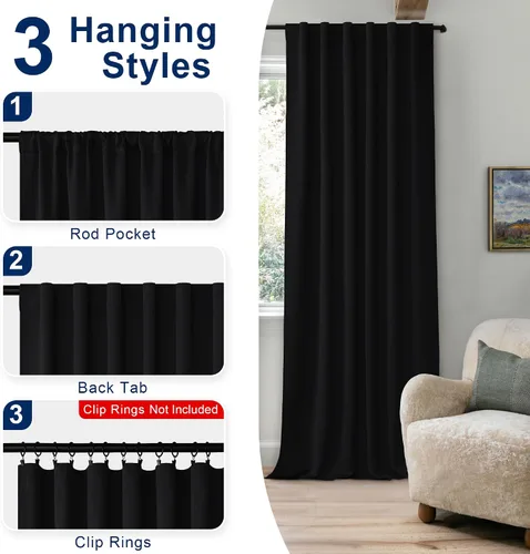 Miniatura 4 de Hiasan Cortinas opacas negras para dormitorio, cortinas opacas cortas de 45 pulgadas de largo, con aislamiento térmico, bolsillo para barra