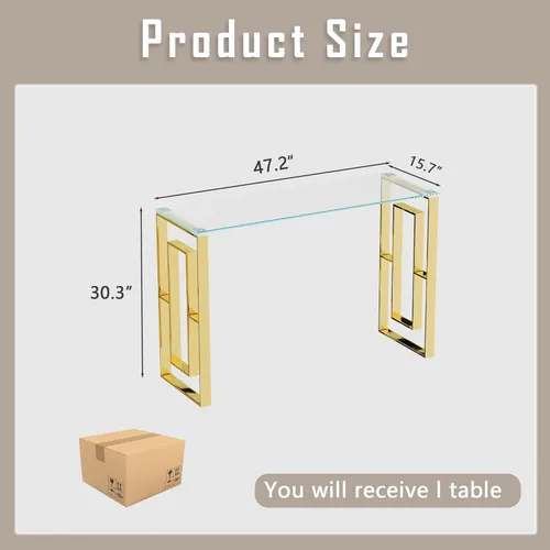 Miniatura 2 de Mesa consola de cristal, moderna mesa de entrada de 47.2 pulgadas, parte superior de vidrio con base de acero inoxidable, mesa de sofá estrecha