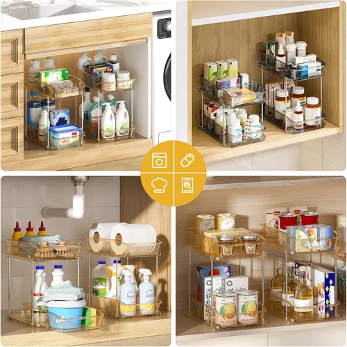 Miniatura 4 de Delamu Organizadores y almacenamiento de 2 niveles para debajo del fregadero, organizadores de gabinete de baño apilables multiusos, organización