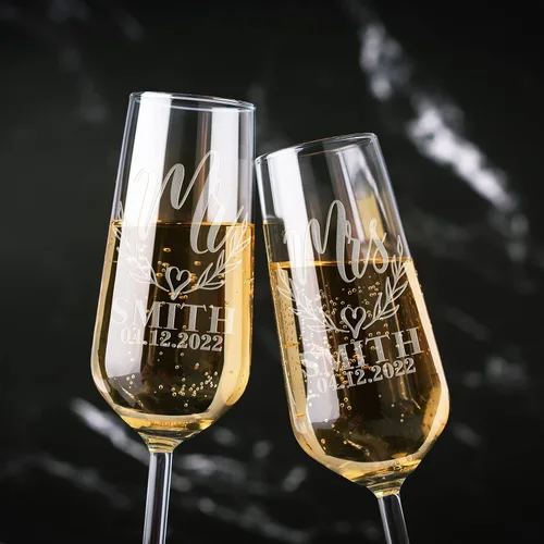 Juego de 2 copas de champán personalizadas, copas florales de Mr & Mrs para novia y novio, registro de bodas por nombre de la novia, regalo Mr & Mrs