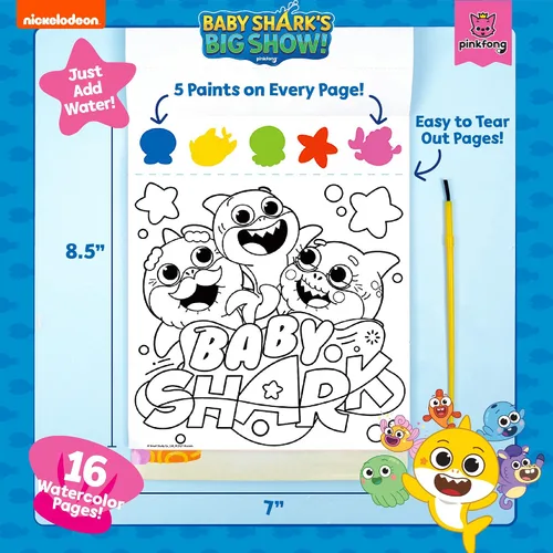 Miniatura 2 de Horizon Baby Shark - Bloc de arte de acuarela para colorear y juego de pintura, kit de pintura de acuarela de tiburón, gran juego de arte para niños