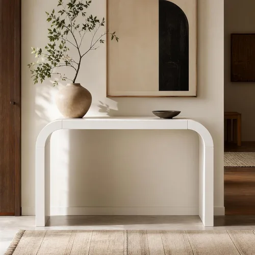 Miniatura 25 de 50" Modern Art Sculptural Console Table, Oval Cutout Legs, Wood Veneer, Thick Rounded Tabletop, Contemporary Entryway Sofa Table for Living Room