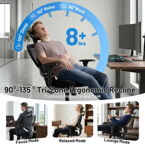 Miniatura 6 de Silla ergonómica de escritorio de oficina, silla de computadora de malla transpirable con respaldo alto, soporte lumbar 3D, reposacabezas 2D