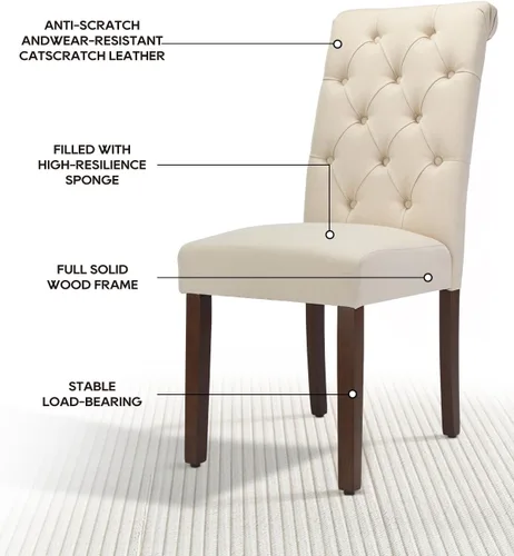 Miniatura 3 de Juego de 2 sillas de comedor, tapizadas Parsons con botones y patas de madera maciza, sillas de cocina de tela moderna para comedor, color beige