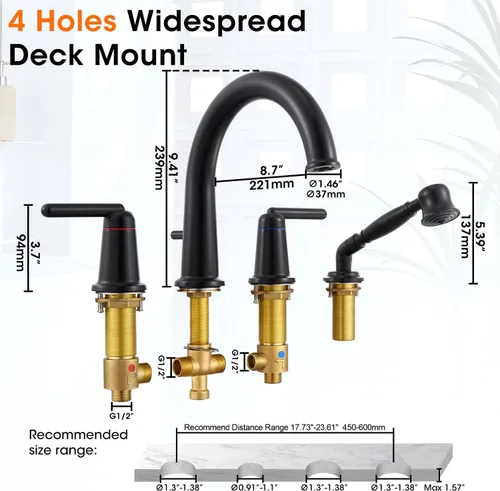 Miniatura 7 de WT-9808BK WT-9808BK - Kit de ajuste para grifo de bañera con ducha de mano y válvula de montaje en cubierta de 4 agujeros de alto flujo clásico
