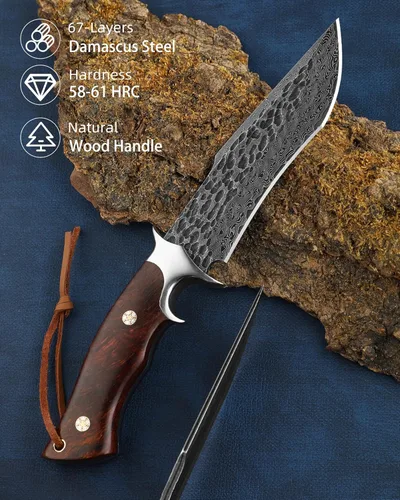 Miniatura 2 de Omeiso - Cuchillo de caza de acero de Damasco con funda de piel, 10.04'' de hoja completa Tang EDC, cuchillo de Damasco de acero para camping