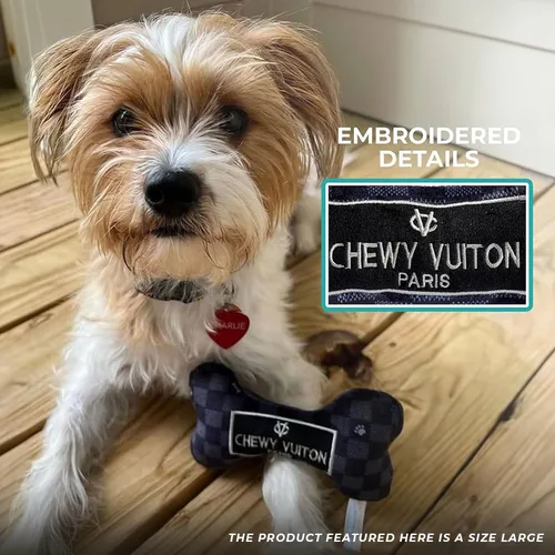 Miniatura 5 de Haute Diggity Dog Black Checker Chewy Vuiton Bone, Juguetes de Peluche de Diseñador para Perros con Chirriador Interactivo, Estimulante Hueso