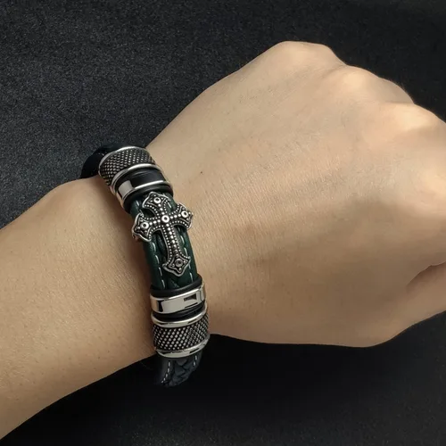 Miniatura 5 de Leisure moment Pulsera religiosa de cruz para hombre de cuero y acero inoxidable, Sin gemas.