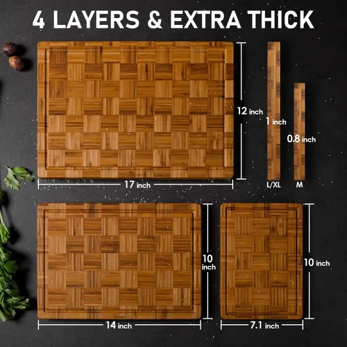 Miniatura 2 de Juego de 3 tablas de cortar de bambú extra grandes (juego de 3) tablas de cortar con ranura para jugo, juego de tablas de cortar de madera de bambú