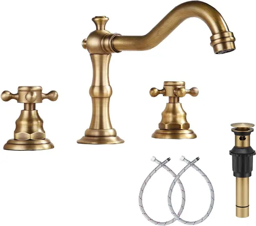 Miniatura 12 de Grifo de 2 manijas para lavabo de baño de tres agujeros, grifo de lavabo extendido, latón antiguo, grifo mezclador con manguera de suministro