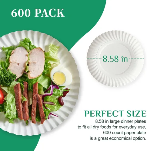 Miniatura 2 de JOLLY PARTY Platos de papel de 8.5 pulgadas sin recubrimiento, 600 unidades de platos desechables diarios, platos de papel ligeros blancos, platos