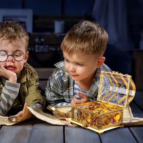Miniatura 7 de Cofre del tesoro pirata para niños, cofre de pirata dorado transparente decorativo con cerradura y llave