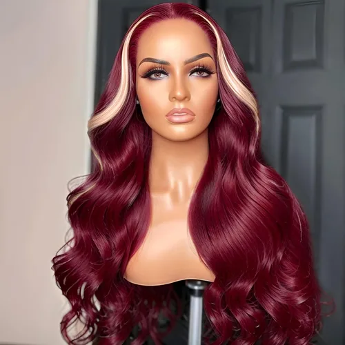 Miniatura 7 de HANASCC Pelucas de cabello humano con encaje frontal 99J color borgoña de 28 pulgadas, densidad del 250 %, 13 x 6, HD 613, pelucas de cabello humano