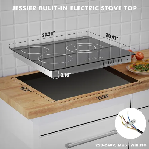 Miniatura 5 de Placa de Cocina Eléctrica de 24 Pulgadas - Placa de Cocina Eléctrica de Cerámica Empotrada de 3 Quemadores, Estufa de Cerámica Radiante con 9