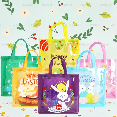 Miniatura 5 de 12 bolsas de caza de huevos de Pascua, conejito de Pascua, zanahoria, huevos de pollito con asas, bolsas de regalo de Pascua, suministros