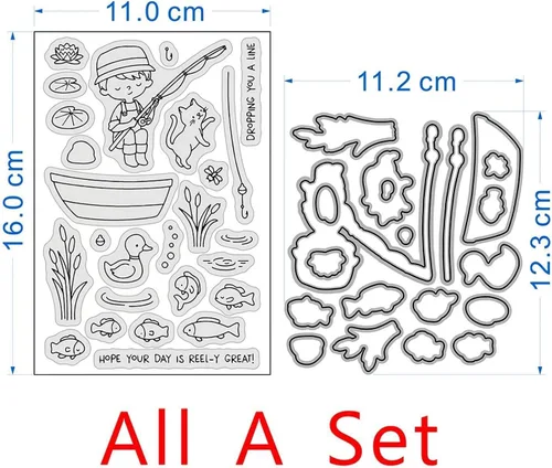 Miniatura 3 de Juego de sellos y troqueles para niños de pesca para hacer tarjetas, sellos transparentes y troqueles de corte de metal para álbumes de recortes