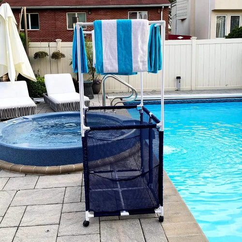 Miniatura 5 de Soporte para equipo de piscina con barras de secado de toallas, organizador de almacenamiento multiusos con ruedas de malla, colgador de toallas