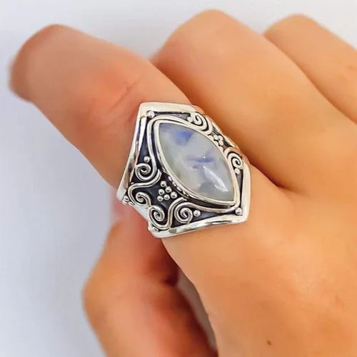 Miniatura 3 de WDIYIEETN Anillo de Plata Vintage 925 Plata de Ley Piedra Natural de Luna de Plata para Mujer Joyería Elegante Anillo de Piedras Preciosas Anillo