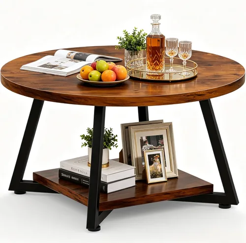 Miniatura 27 de Mesa de Café FAMIDGE, Mesas de Café de 23.6" para Sala de Estar, Mesa de Café Redonda con Marco de Metal, Mesa de Piso para Sentarse en el Suelo