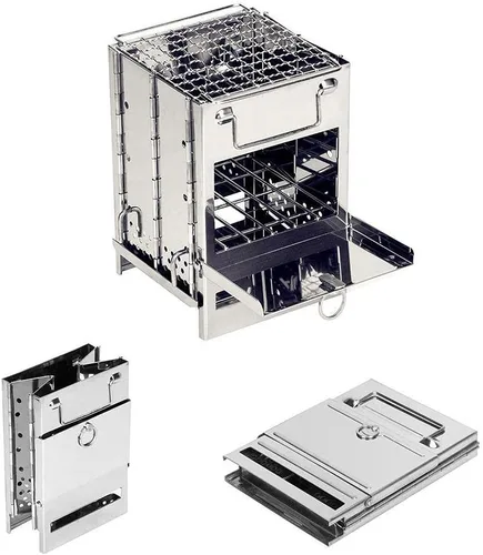 Miniatura 4 de Estufa de leña plegable para acampar con parrilla, estufa de campamento plegable para mochileros, estufa de supervivencia de acero inoxidable