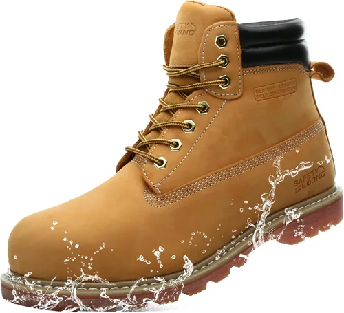 Miniatura 8 de Botas de trabajo para hombre, impermeables, con puntera suave, antideslizantes, cómodas, botas de trabajo de cuero Trigo