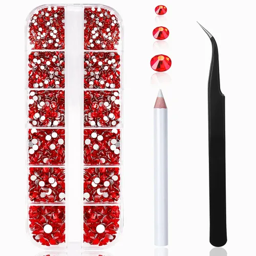 2400 diamantes de imitación para arte de uñas, gemas de diamantes de imitación rojos con parte trasera plana, cristal redondo, siam, 6 tamaños