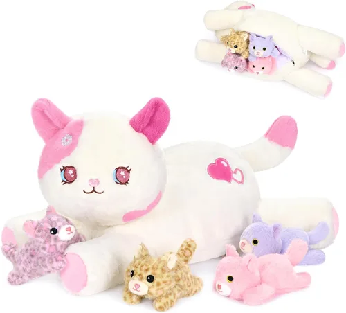 Miniatura 8 de Onsoyours Original 5 piezas de animales de peluche de gato con bebés adentro, peluche Kawaii Kiity con mamá y 4 gatitos - Lindos juguetes de peluche