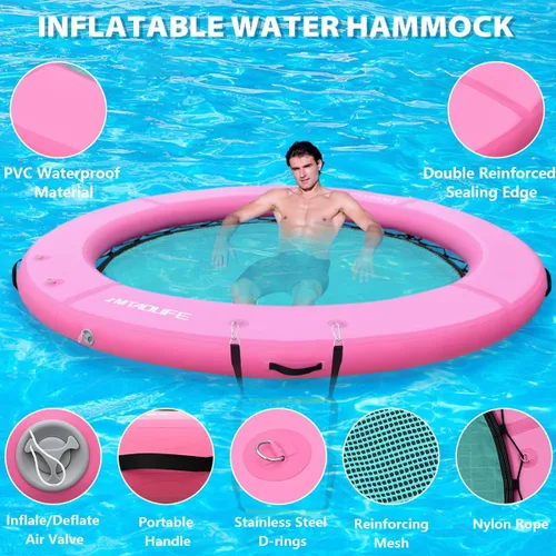 Miniatura 4 de Hamaca de agua inflable Muelle flotante, anillo flotante redondo hamaca flotante inflable para lago, barco, piscina, océano, rosa/verde menta