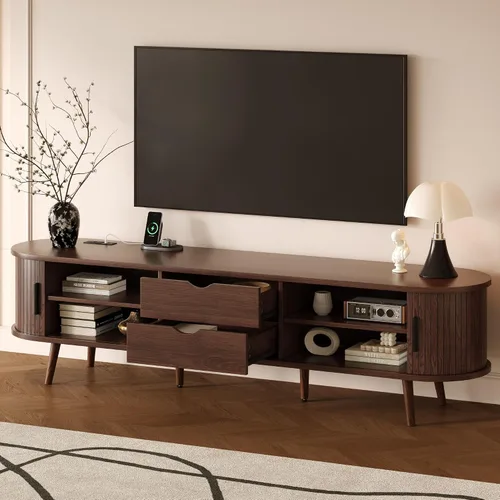 Miniatura 6 de Soporte de TV para TV de 80 pulgadas, centro de entretenimiento moderno de mediados de siglo con cajones de almacenamiento, puertas de tambor y toma