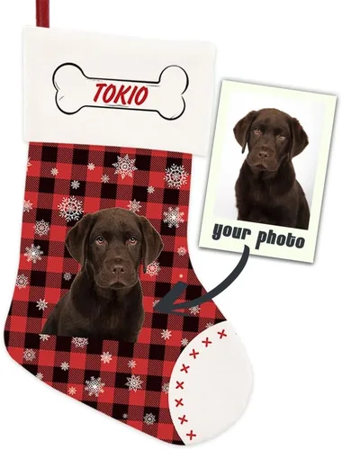 Foto personalizada, Feliz Navidad, búfalo rojo, a cuadros, feliz perro, calcetín de Navidad, copo de nieve, decoración de vacaciones, calcetín